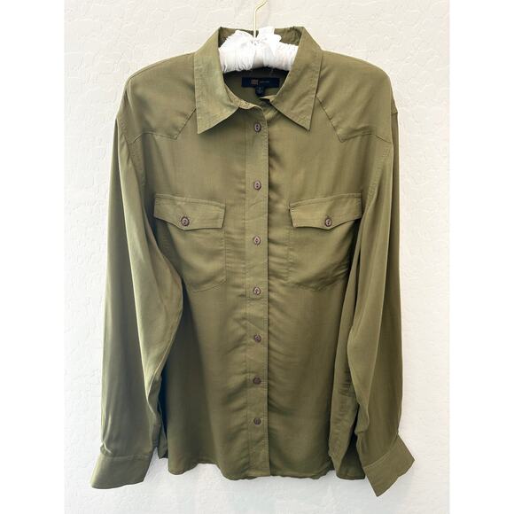 FRYE | Button Front Long Sleeve Utility Shirt Olive Green | Size Large - Picture 1 of 5